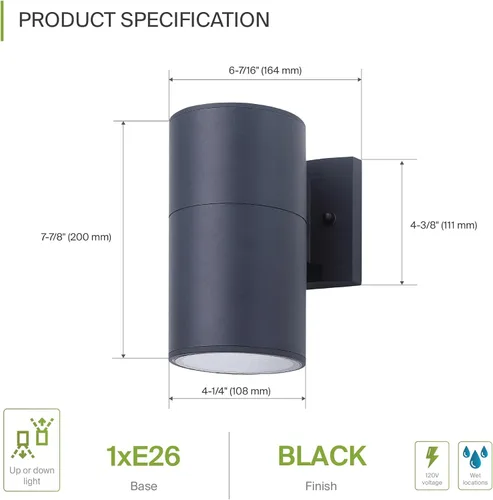 Miniatura 2 de ASD Lámpara de pared para exteriores de 1 luz Portalámparas E26 de 60W 120V ETL Luces cilíndricas hacia arriba y hacia abajo Aplique de pared