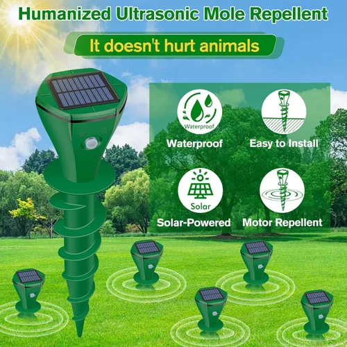 Miniatura 2 de Repelente de topos alimentado por energía solar, paquete de 4 repelente ultrasónico de gopher IP65 impermeable para césped, jardín, patio, repelente