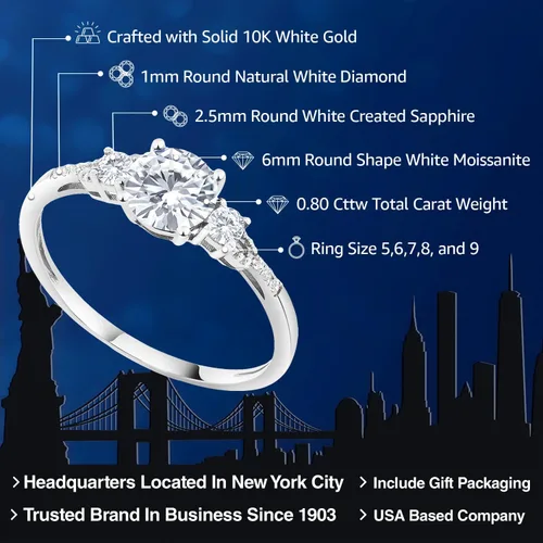 Miniatura 69 de Gem Stone King Anillo de compromiso de 3 piedras preciosas redondas de oro blanco de 10 quilates con piedra natal de 0.236 in con piedra natal