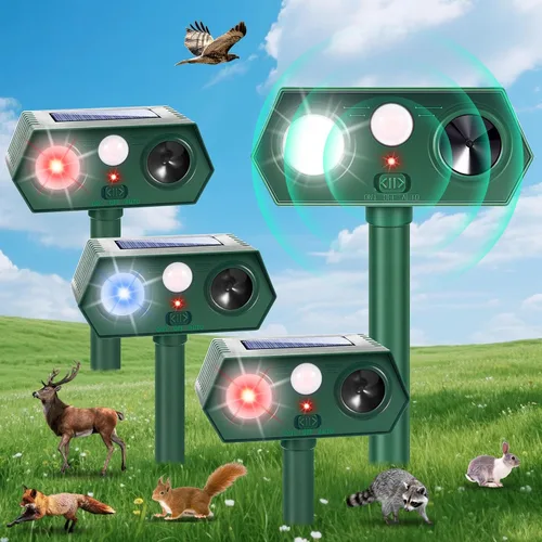 Paquete de 4 repelentes ultrasónicos solares para animales de exterior, repelente de gatos para exterior, dispositivos repelentes de ciervos con