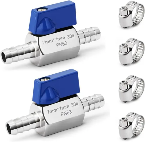 Miniatura 10 de Paquete de 2 mini válvulas de bola de acero inoxidable 304 con púas de identificación de manguera de 1/2 pulgada, kit de abrazaderas para agua