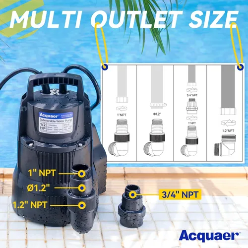 Miniatura 5 de Acquaer Bomba de sumidero automática de 1/2 HP, bomba de agua sumergible de 2450 GPH con adaptador de válvula de retención de manguera de jardín