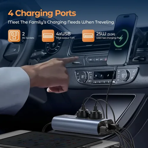 Miniatura 2 de Inversor de corriente para automóvil de 300 W, DC 12 V a 110 V CA adaptador de enchufe de automóvil con cargador rápido USB (25 W), USB-A (20 W)