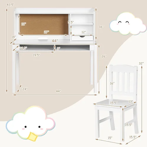Miniatura 6 de Costzon Juego de escritorio y silla para niños, escritorio de estudio para niños con silla, gabinete, almacenamiento, cajones, estantes, tablero