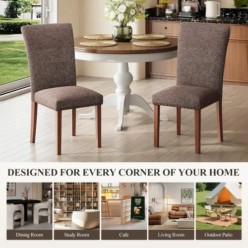 Miniatura 8 de COLAMY Parsons Juego de 4 sillas de comedor tapizadas de tela, sillas auxiliares de cocina con tapicería con clavos y patas de madera, marrón F