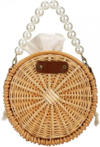 Miniatura 8 de Bolso de playa para mujer, bolso de mimbre rectangular tejido a mano, bolso de mimbre con perlas, bolso retro de paja de verano
