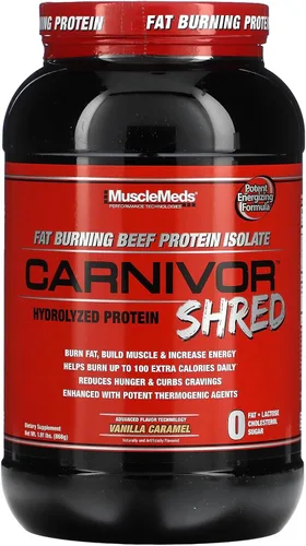 MuscleMeds Carnivor Shred Aislado de Proteína de Carne Hidrolizada Quemadora de Grasa, 0 Lactosa, 0 Azúcar, 0 Grasa, Vainilla Caramelo, 2 Libras, 28