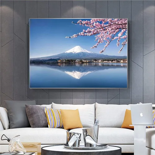 Imagen sobre lienzo, imagen de paisaje de puesta de sol de flores de cerezo del monte Fuji, imagen de arte de pared de lienzo para la decoración del