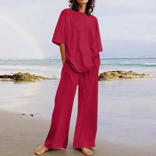 Miniatura 46 de Conjuntos de verano de 2 piezas para mujer, conjuntos elegantes y casuales de color liso, para verano, otoño, cuello redondo, tops y pantalones