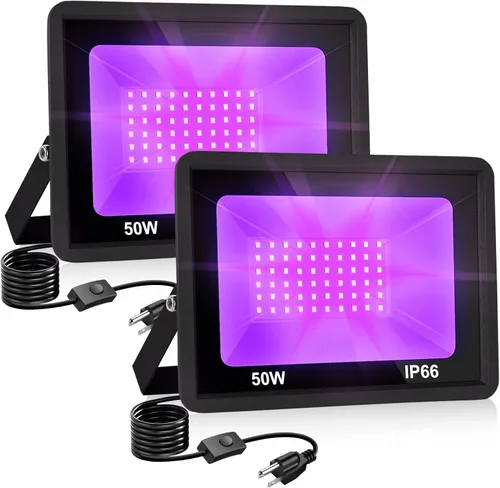 Luz LED negra de 50 W, luz negra con enchufe IP66 impermeable para fiesta brillante, 385-400 nm, luces de inundación moradas al aire libre para