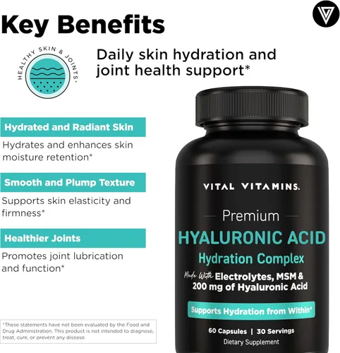 Miniatura 3 de Vital Vitamins Complejo de hidratación de suplemento de ácido hialurónico, con ácido hialurónico, MSM, vitamina C, agua de coco en polvo y sílice