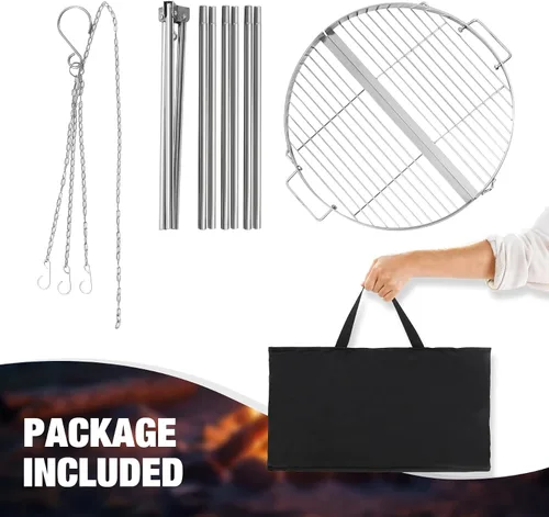Miniatura 5 de Parrilla Trípode para Fogata para Cocinar, Parrilla Trípode de Fuego para Acampar de Acero Inoxidable Duradera con Rejilla de Parrilla y Bolsa