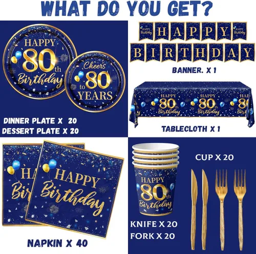 Miniatura 6 de Decoración de 80 cumpleaños para hombres - Juego de vajilla de cumpleaños azul marino y dorado de 142 piezas (sirve para 20) Incluye pancarta
