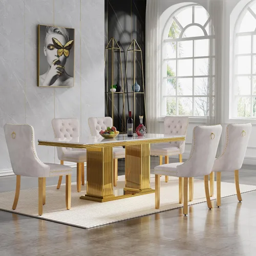Miniatura 52 de HomVent Juego de mesa de comedor moderna de mármol sintético para 4 personas, mesa de cocina rectangular con 4 sillas beige (dorado)