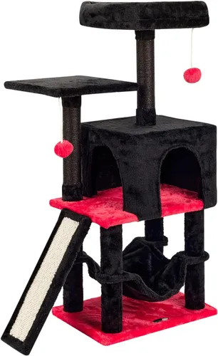 Miniatura 11 de Linda torre de árbol para gatos de interior con poste rascador para actividades modernas, hamaca colgante de bola con tabla beige