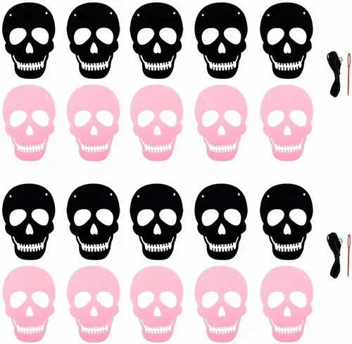 Miniatura 3 de SaktopDeco Paquete de 2 guirnaldas de calavera negra y rosa, guirnalda de esqueleto de fieltro, pancarta de Halloween para decoración gótica