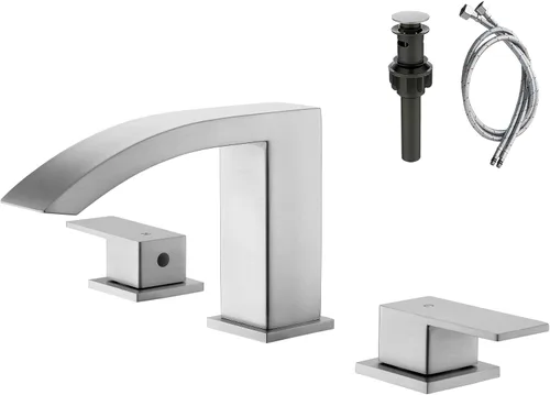 Miniatura 9 de Grifo de baño de cascada negra de 3 agujeros, grifo de baño negro mate de 8 pulgadas con drenaje desplegable y 2 líneas de suministro de agua, grifo