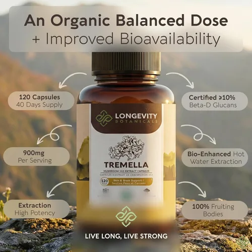 Miniatura 4 de Longevity Botanicals Cápsulas orgánicas de hongos Tremella Extracto de suplemento de 120 unidades Cuerpo fructífero de hongos de nieve ≥10%