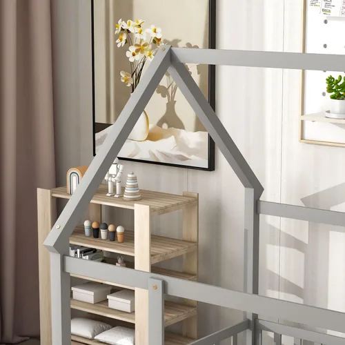 Miniatura 6 de LLS Cama de piso completo para niños, marco de cama de madera con techo y barandillas de valla seguras, cama Montessori para niñas y niños, gris