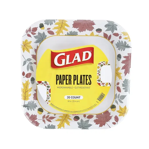 Glad - Platos desechables cuadrados de papel, patrón de follaje otoñal - Platos decorativos fuertes, resistentes, a prueba de remojo y aptos para