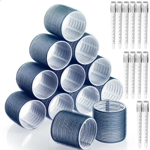 Rodillos de pelo jumbo, 12 rulos de pelo con agarre automático con 12 pinzas de acero inoxidable para volumen de cabello largo (azul marino)