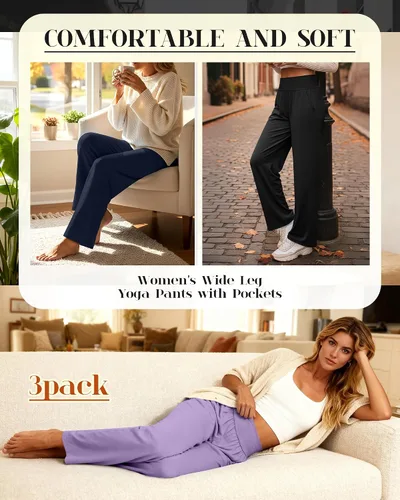 Miniatura 125 de Neer - Conjunto de 3 pantalones de yoga de pierna ancha para mujer - Pantalones deportivos cómodos, holgados, de cintura alta y casuales