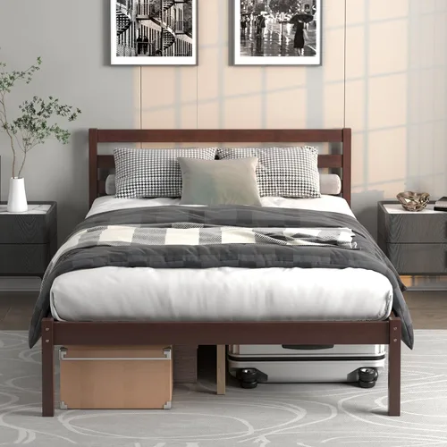 Miniatura 9 de NAFORT Base de cama de plataforma de madera individual con cabecero y estribo, base de cama de madera maciza y soporte de listones de madera fuerte