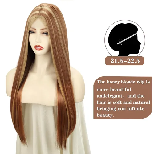 Miniatura 4 de Xinran Pelucas rubias degradadas para mujer, peluca larga y lacia marrón rubia, mezcla de área pequeña, encaje frontal, reemplazo de línea capilar