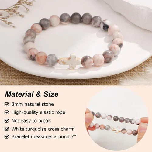 Miniatura 3 de JoycuFF Regalos Cristianos, Pulseras de Cruz para Mujeres, Joyería Cristiana Católica Religiosa de Fe de Pascua, Pulseras de Piedra Natural