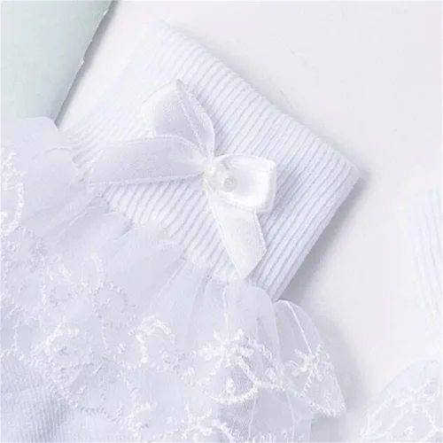 Miniatura 7 de 2 pares de calcetines de primera comunión con perlas de lazo blanco con volantes para bautizo, calcetines de bautismo con capas de encaje para bebé