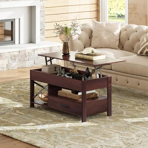 Miniatura 2 de WLIVE Mesa auxiliar elevable, mesa auxiliar de 39 pulgadas con cajones de almacenamiento, compartimento oculto, mesa central de madera para sala