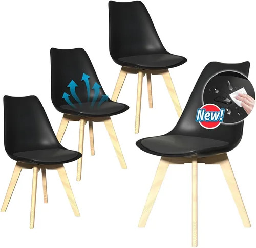 Juego de 4 sillas de comedor, sillas de cocina y comedor de mediados de siglo con patas de madera y cojín, juego de sillas de comedor de cuero para