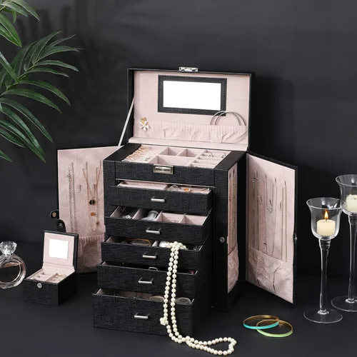 Miniatura 7 de ANWBROAD Caja de joyería grande de 6 niveles, organizador de joyas con cerradura de espejo, caja de joyería para niñas, aretes, anillos, collares