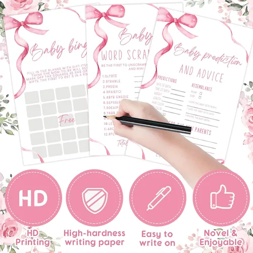 Miniatura 4 de Honoson 279 piezas de juegos de baby shower rosa con moño para 50 invitados, incluyen 8 juegos: Baby Shower Bingo, Price Is Right, Mommy or Daddy