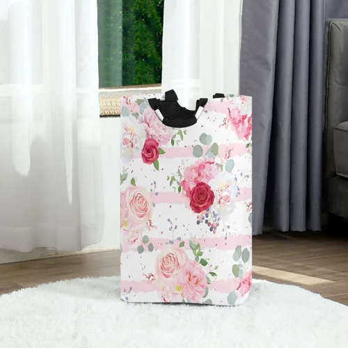 Miniatura 2 de Cesta de lavandería con diseño de rosas rosas, portátil, plegable, organizador de ropa con asas, bolsa de almacenamiento para habitación de niños