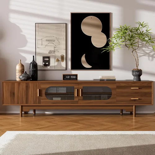 Miniatura 12 de Soporte de TV para TV de 80 pulgadas, centro de entretenimiento moderno de mediados de siglo con cajones de almacenamiento, puertas de tambor y toma
