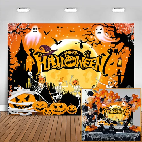 Mocsick - Telón de fondo de Halloween para fotografía, noche naranja, luna, decoración de fiesta de Halloween, truco o trato, calavera, calabaza,