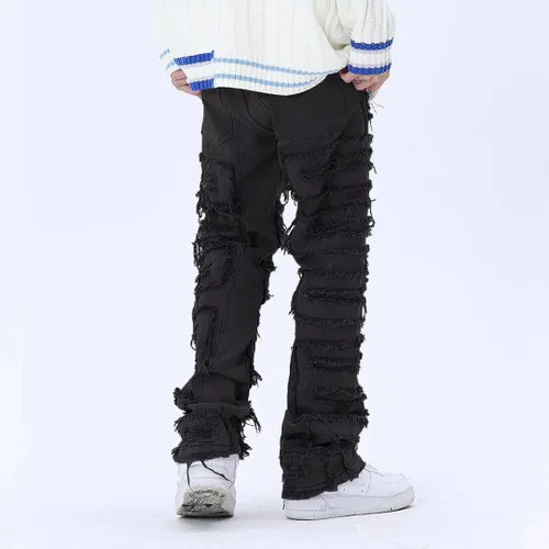 Miniatura 2 de XYGJZ Pantalones de mezclilla rasgados para hombre, pantalones de mezclilla de pierna recta destruidos sólidos desgastados