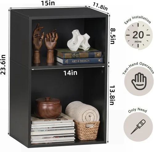 Miniatura 3 de YAHARBO Estantería de 2 cubos, soporte para tocadiscos negro con almacenamiento de vinilo de hasta 100 álbumes, estante horizontal para libros