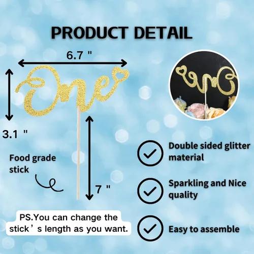 Miniatura 6 de ALISSAR Decoración dorada de doble cara con purpurina para el primer cumpleaños, decoración de pastel para primer cumpleaños de niño y niña, primer