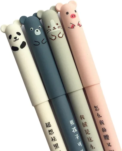 Miniatura 2 de 4 piezas/set Kawaii Pig Bear Cat Mouse Bolígrafos de gel borrables para la escuela, oficina, papelería, regalo 0.35mm Tinta azul y negra 4 Negro 4