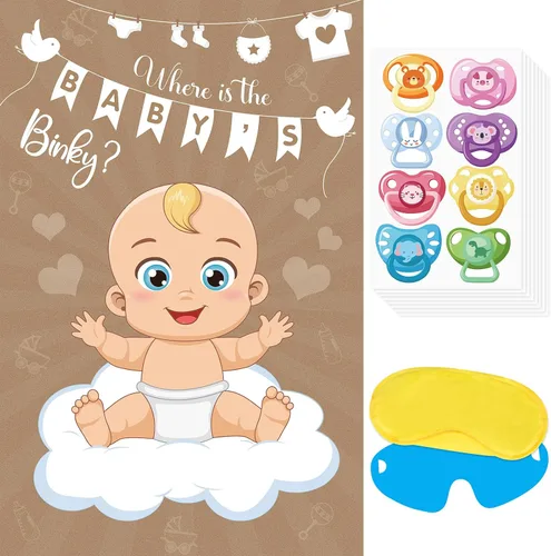 Miniatura 3 de Pin The Pacifier On The Baby Game Póster de juegos de chupetes con 64 calcomanías para chupetes para baby shower, regalos de fiesta, suministros
