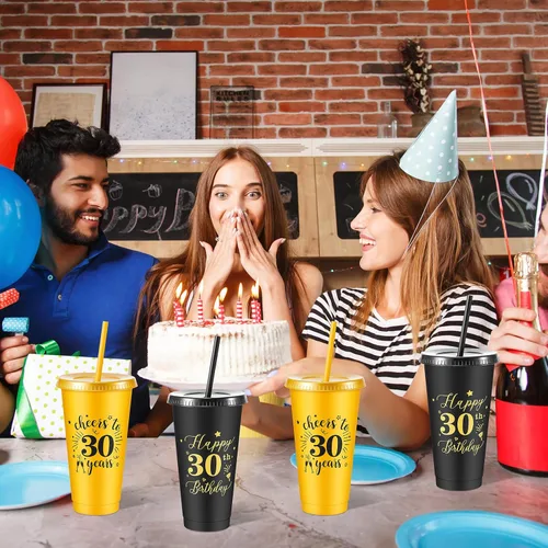 Miniatura 7 de Uiifan 12 vasos de plástico de plástico con tapa y popote de 24 onzas para cumpleaños, cumpleaños, bodas, aniversarios, decoración (30º)