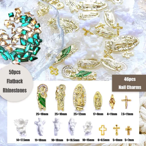 Miniatura 3 de Dijes para uñas 3D de San Judas con cruz de Virgen María, diamantes de imitación de metal de aleación dorada de ángel para arte de uñas acrílicas
