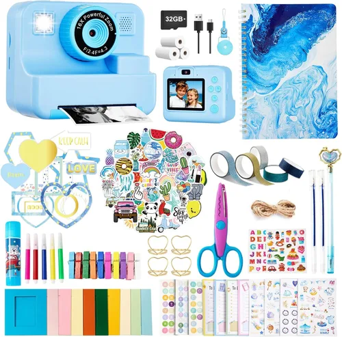 Cámara de impresión instantánea para niños, cámara de video selfie de 1080P con kit de diario de bricolaje, más de 200 accesorios, regalos de