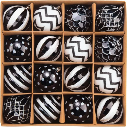 Juego de adornos de bola de Navidad, 16 unidades de 80 mm de bolas de árbol de Navidad elegantes en blanco y negro surtidas, adornos inastillables