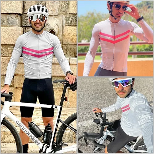 Miniatura 6 de Lo.gas Maillot de ciclismo para hombre, manga cortalarga, camisas de ciclismo con cremallera completa con bolsillos, ropa de bicicleta de carretera
