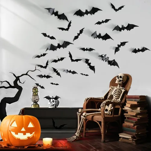 Miniatura 8 de 72 piezas de decoración de murciélagos de Halloween para interiores y exteriores, suministros de fiesta de Halloween, calcomanías de murciélago 3D 3