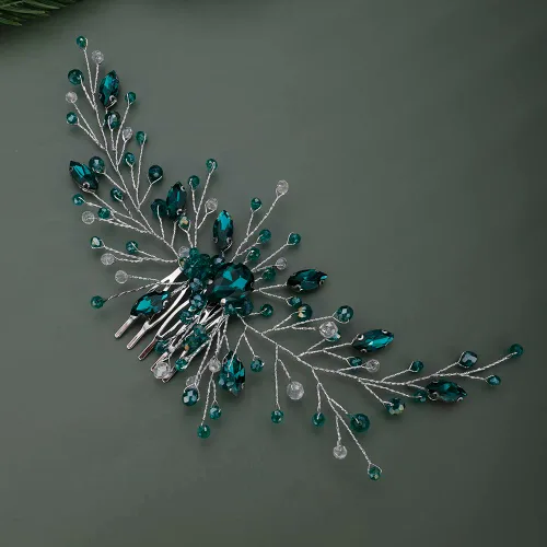 Miniatura 2 de Teyglen Peines delicados para el cabello de boda, color dorado y plateado, con diamantes de imitación verdes, peine lateral de cristal, accesorios