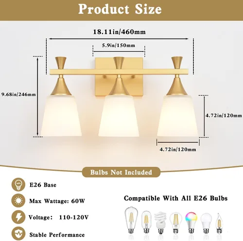 Miniatura 4 de Lámpara moderna de tocador de baño de 3 luces, lámparas de pared de vidrio de leche sobre el espejo, iluminación de tocador de oro cepillado